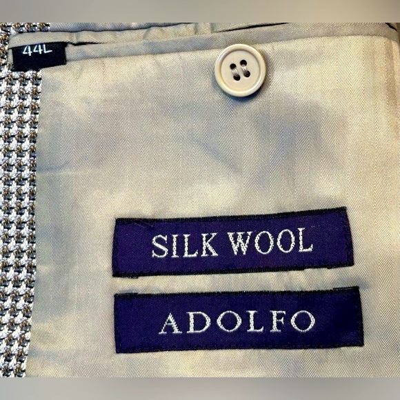 Adolfo Silk & Wool Houndstooth Two-Button Blazer in Neutral Earth Tones Size 44L - Picture 8 of 11